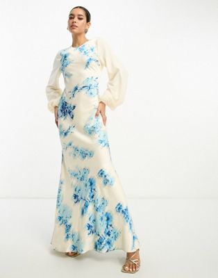 ASOS DESIGN contrast sleeve satin bias maxi dress in white based blue floral print
