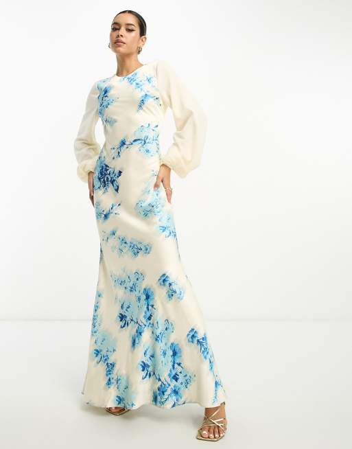 ASOS DESIGN contrast sleeve satin bias maxi dress in white based blue floral print