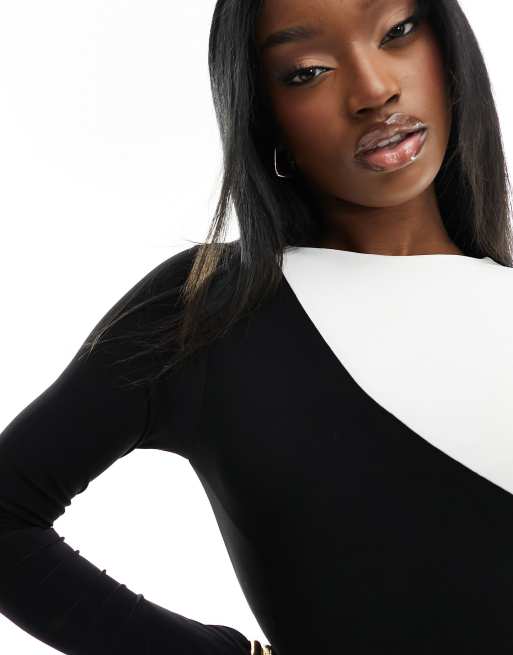 ASOS DESIGN contrast spliced crew neck long sleeve bodysuit in black and  white