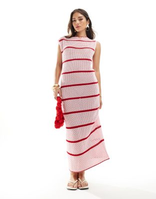 Shop Asos Design Contrast Stitch Column Knit Maxi Dress In Pink