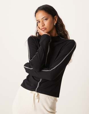 asos design contrast stitch high neck long sleeve top in gray