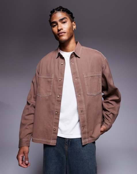 ASOS DESIGN contrast stitch regular shirt in brown - view 1