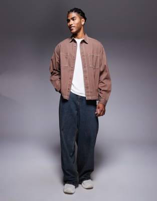 Asos Design Contrast Stitch Regular Shirt In Brown