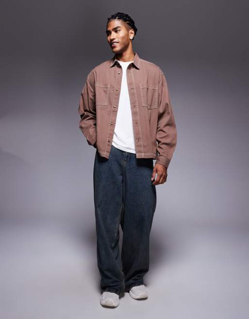 ASOS DESIGN contrast stitch regular shirt in brown, 2 of 5