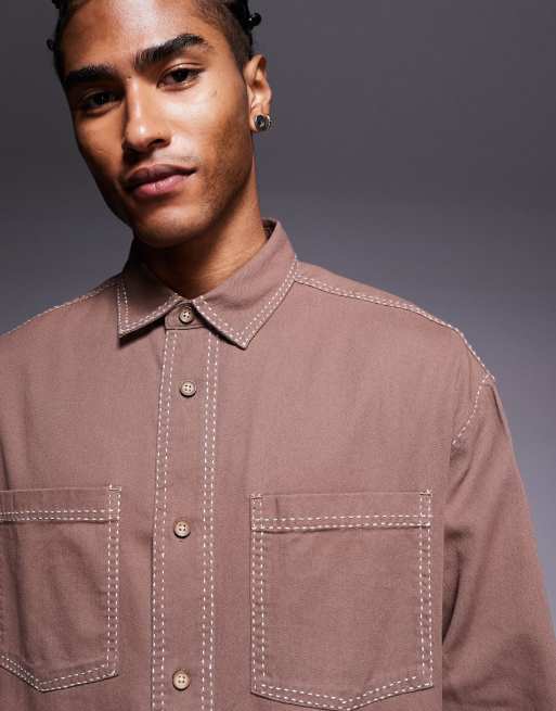 ASOS DESIGN contrast stitch regular shirt in brown, 5 of 5