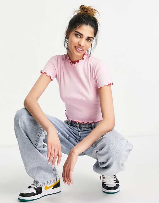 ASOS DESIGN contrast stitch t-shirt with lettuce edge in pink 