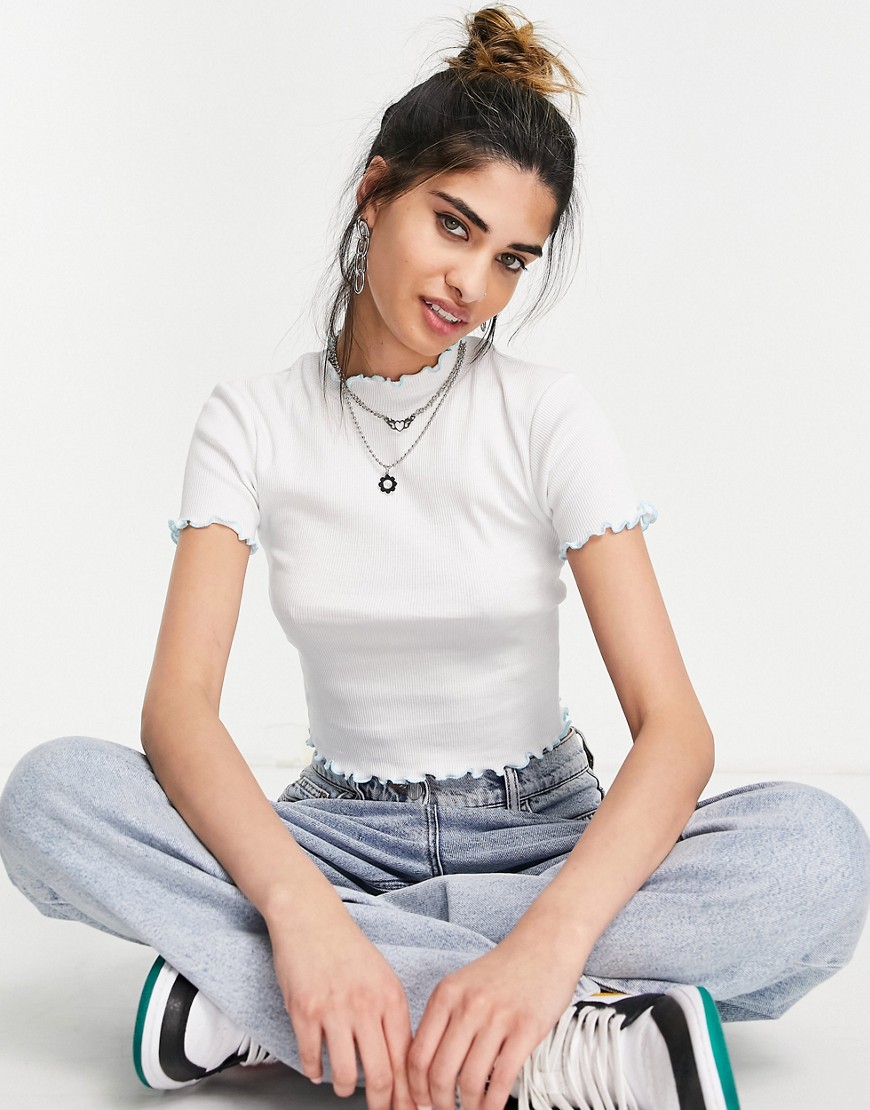 ASOS DESIGN contrast stitch T-shirt with lettuce edge in white and turquoise