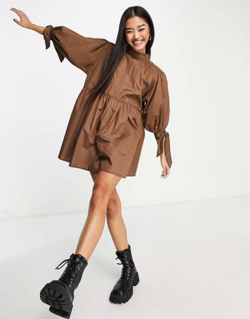 ASOS DESIGN contrast stitch tie sleeve smock romper in brown