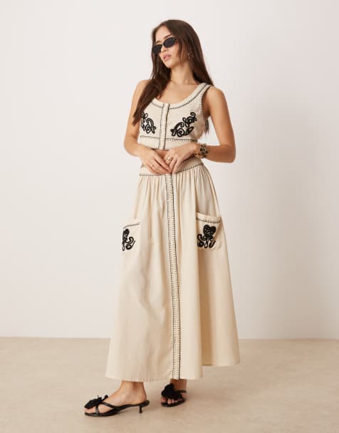 ASOS DESIGN contrast stitch volume midi skirt in natural - part of a set - view 1