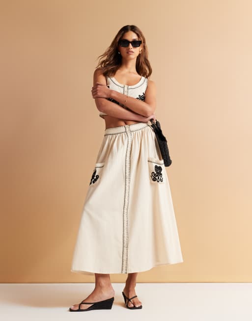 ASOS DESIGN contrast stitch volume midi skirt in natural - part of a set