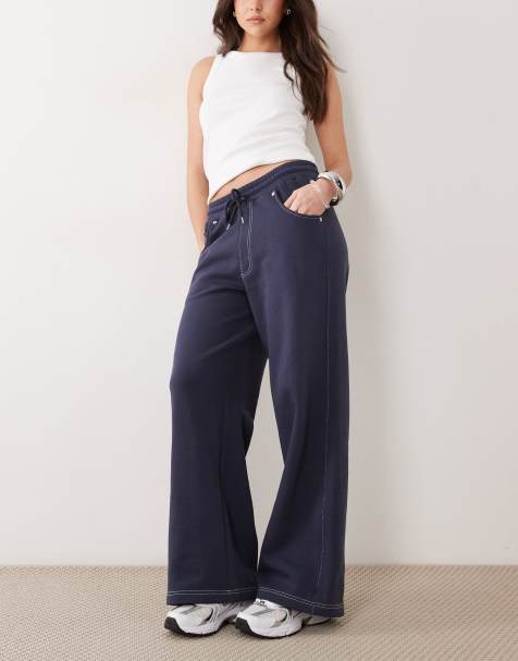 ASOS DESIGN contrast stitch wide leg joggers in navy - view 1