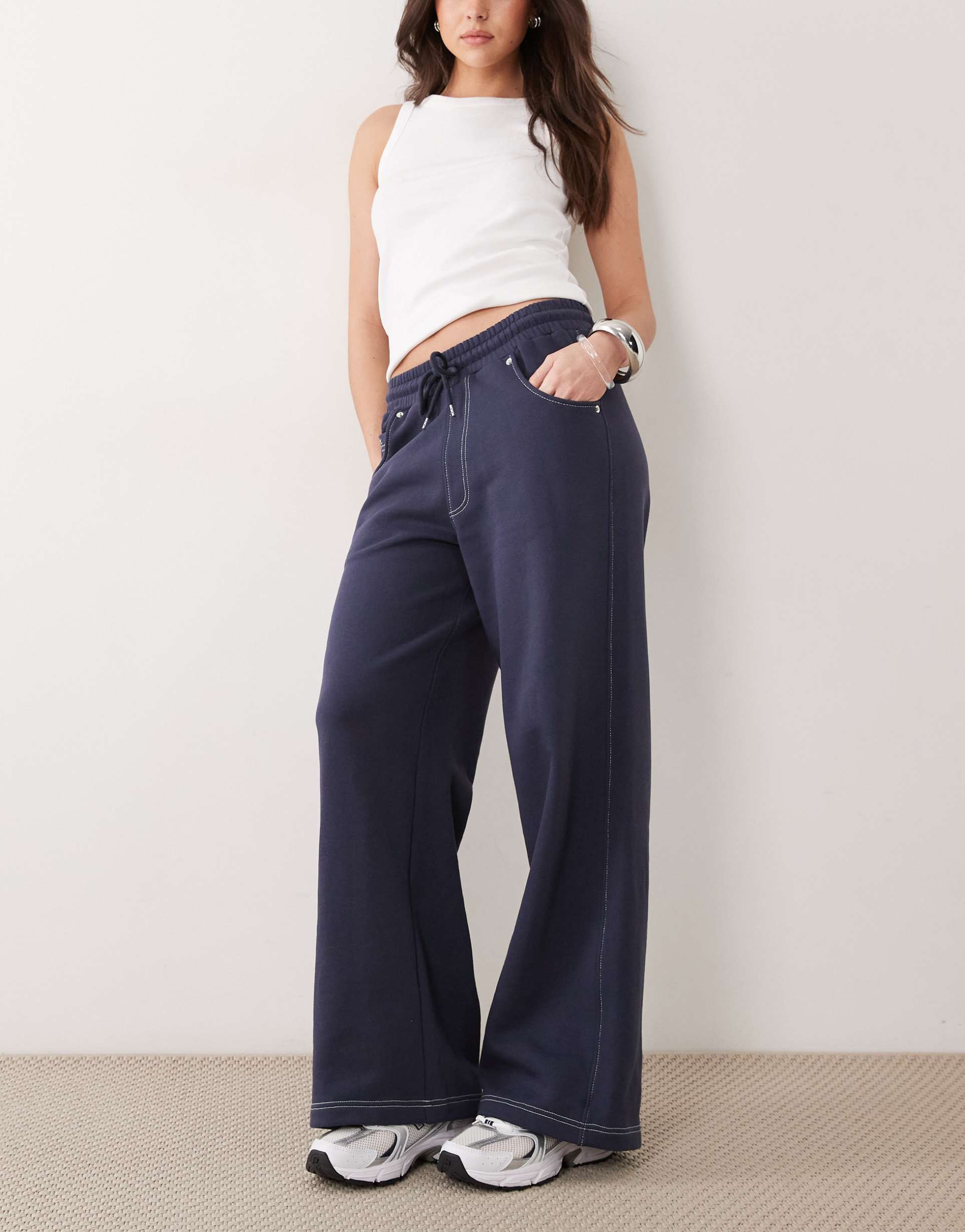 asos design contrast stitch wide leg sweatpants in navy