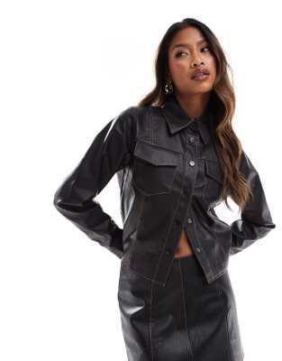 contrast stitching leather look boxy shirt in black - part of a set