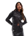 [ASOS DESIGN] ASOS DESIGN contrast stitching leather look boxy shirt in black (part of a set) 18 black