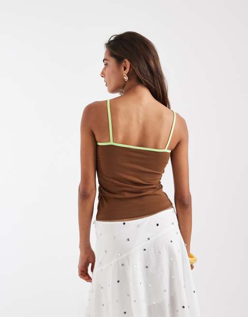 ASOS DESIGN Contrast strap cami with Palm graphic in chocolate and pistachio, 4 of 4