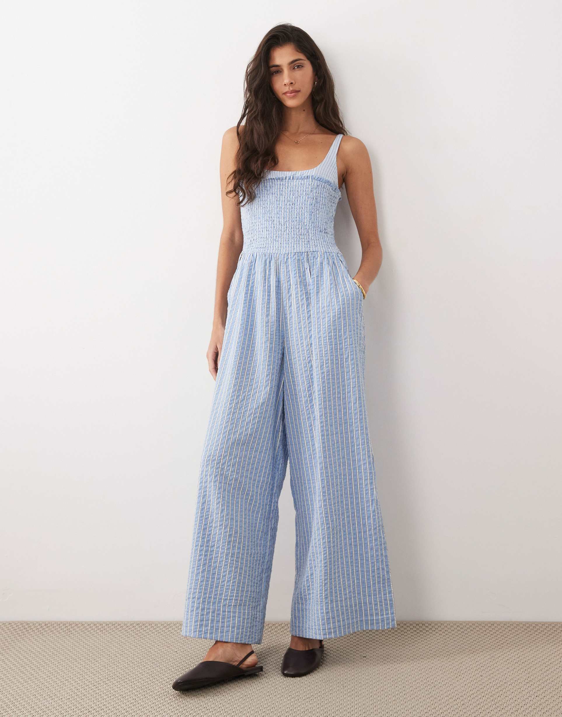 asos design contrast straps jumpsuit in blue stripes