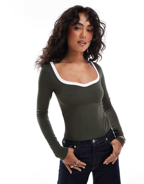 ASOS DESIGN contrast sweetheart long sleeve top in khaki - view 1