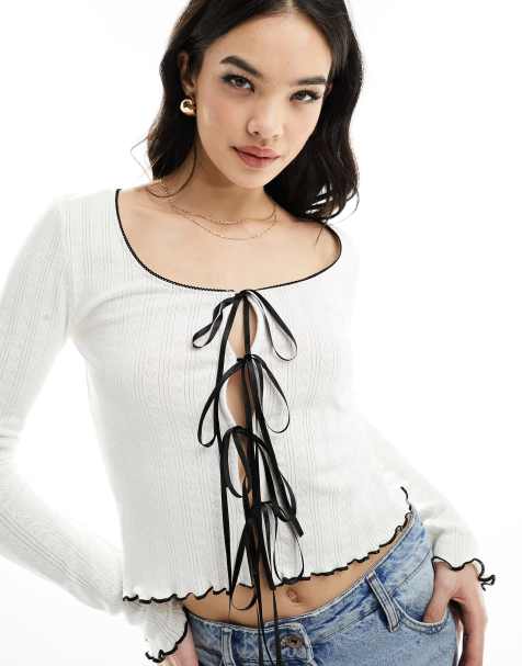 ASOS DESIGN contrast tie front pointelle top in ivory - view 1