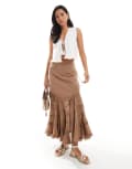 [ASOS DESIGN] ASOS DESIGN contrast tiered hem midi skirt in brown 8 brown