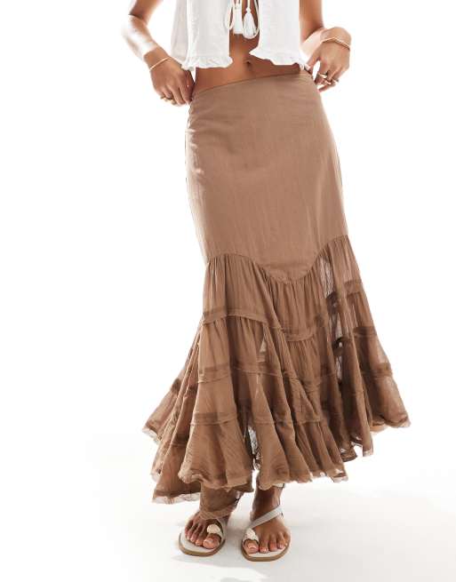 ASOS DESIGN contrast tiered hem midi skirt in brown