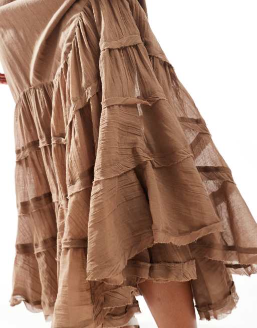 ASOS DESIGN contrast tiered hem midi skirt in brown, 4 of 5