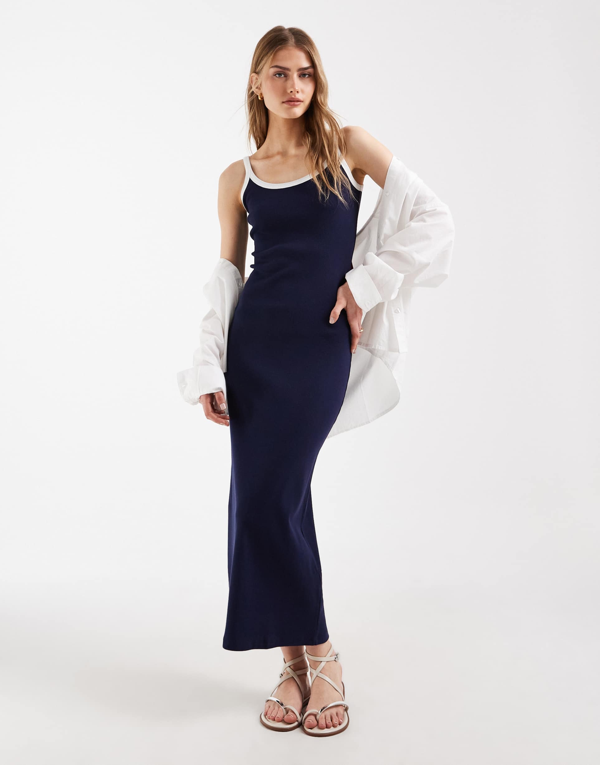 asos design contrast trim rib knit midi dress in navy with white trim