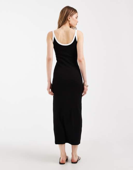 ASOS DESIGN contrast trim rib midi dress in black with white trim, 3 of 4