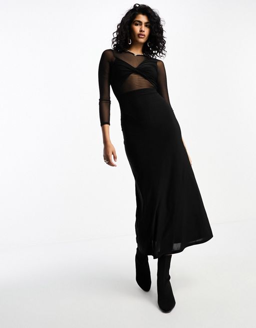 ASOS DESIGN long sleeve mesh corset midi dress in black