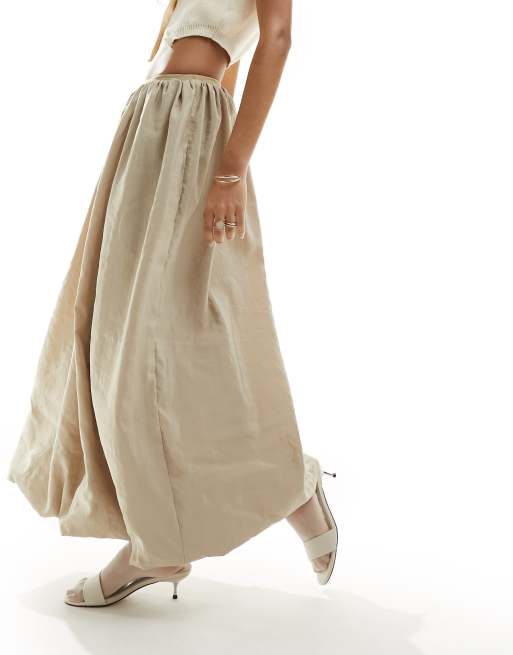 ASOS DESIGN contrast waistband puffball maxi skirt in stone