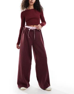 contrast waistband wide leg pant-Red