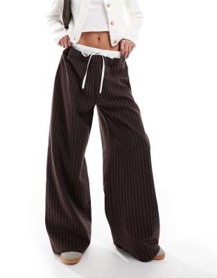 contrast waistband wide leg pant-Brown