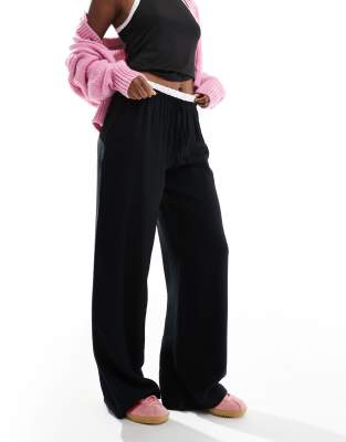 contrast waistband wide leg pants in black