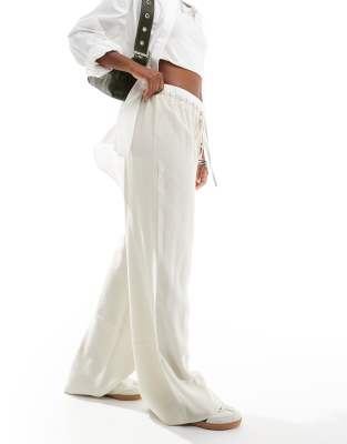 Asos Design Contrast Waistband Wide Leg Pants In Neutral