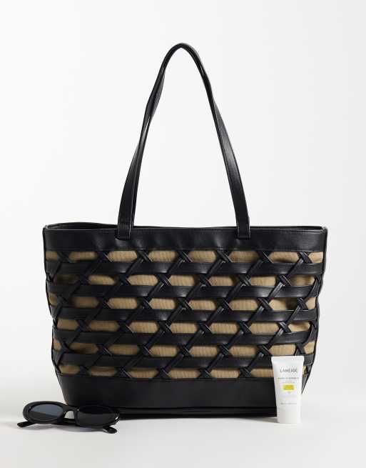 ASOS DESIGN contrast weave tote bag in black with natural lining, 2 of 4