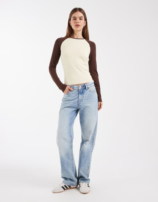 ASOS DESIGN - Contrasterende top met lange mouwen in lichtgeel en chocoladebruin, 2 van 4