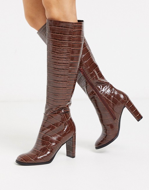 ASOS DESIGN Cooper knee high boots in brown croc