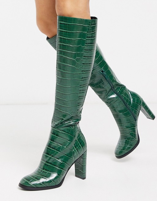 ASOS DESIGN Cooper knee high boots in green croc