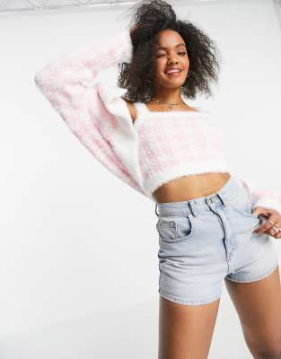 Asos Design Coordinating Fluffy Cardigan In Pink Gingham ModeSens