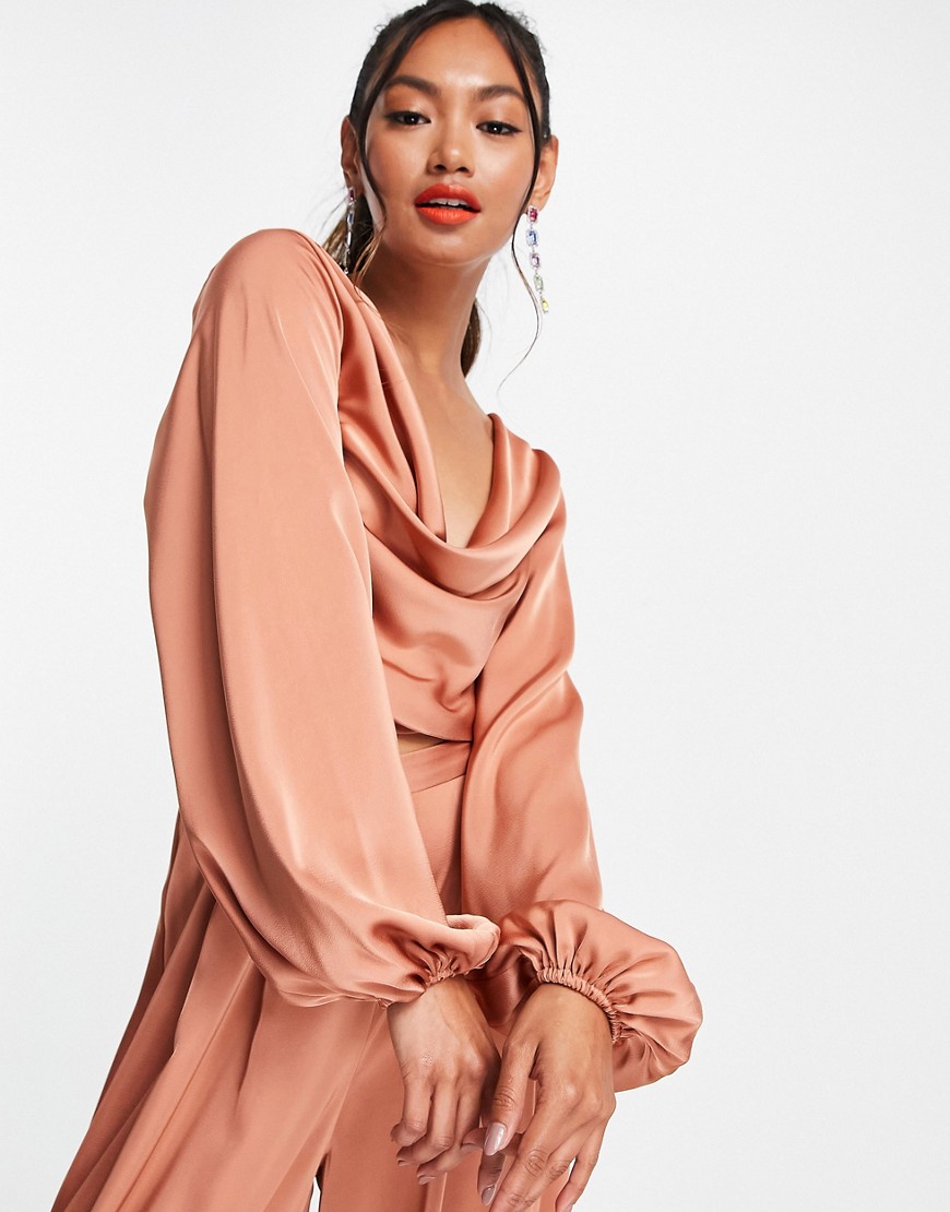 ASOS DESIGN coordinating long sleeve blouse with strap detail and cowl back-Pink