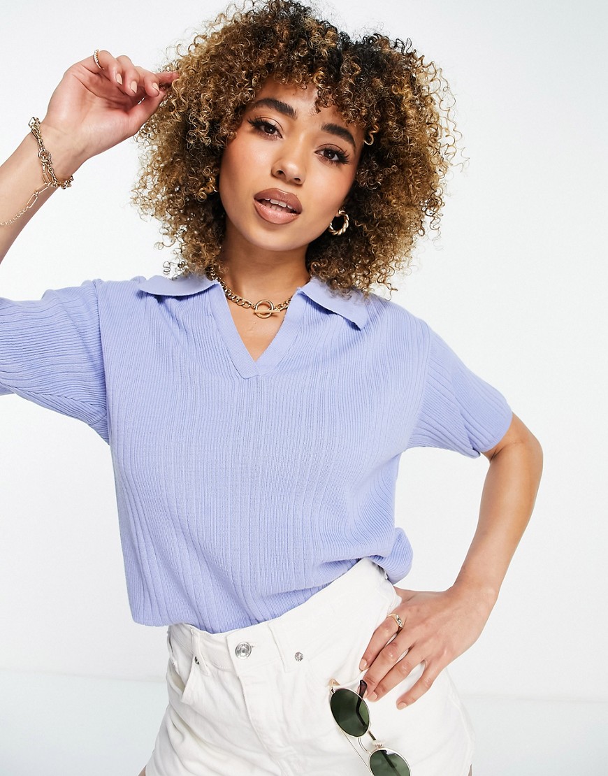 ASOS DESIGN coordinating short sleeve sweater with open collar in blue-Blues