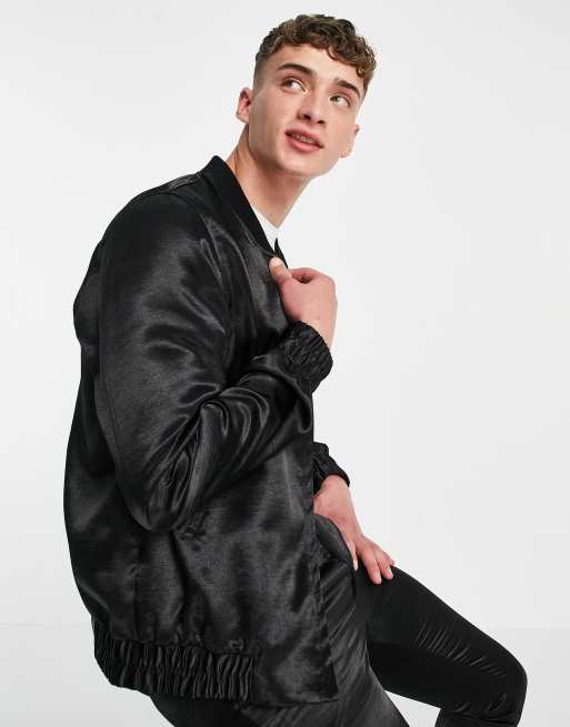 ASOS DESIGN coordinating smart satin bomber jacket in black