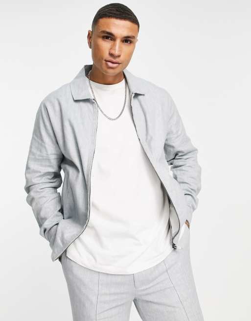 ASOS DESIGN coordinating smart slim linen mix herringbone harrington in pastel blue
