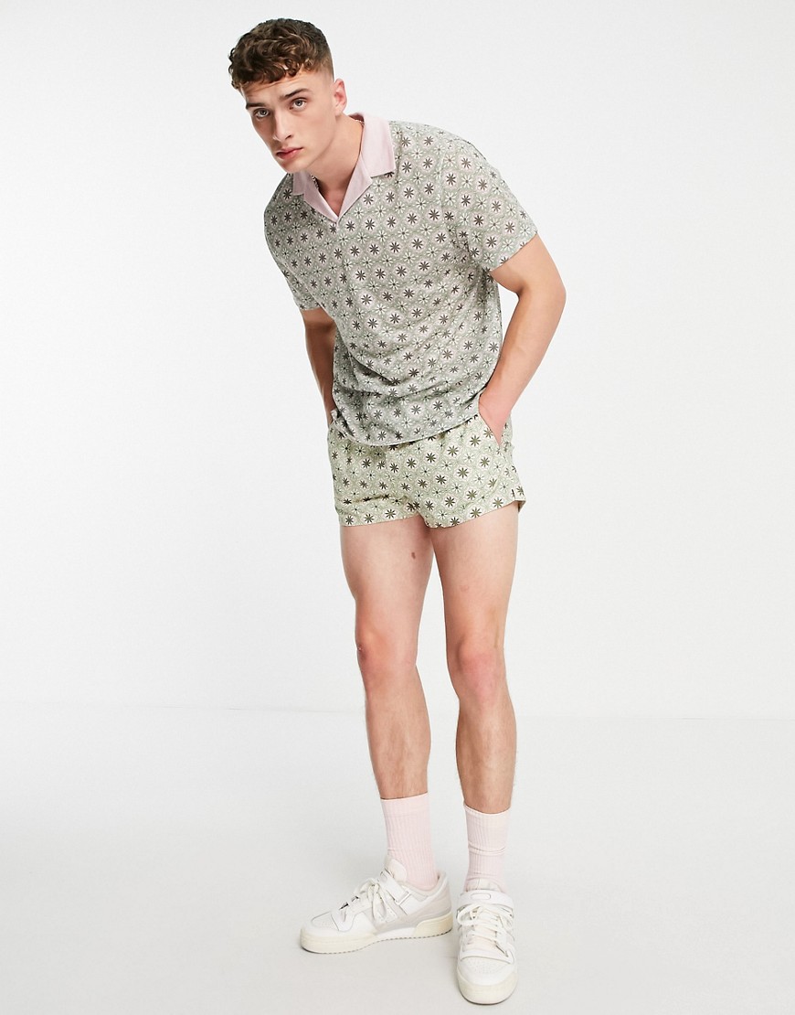 ASOS DESIGN coordinating swim shorts with smart styling in geo print super short length-Green