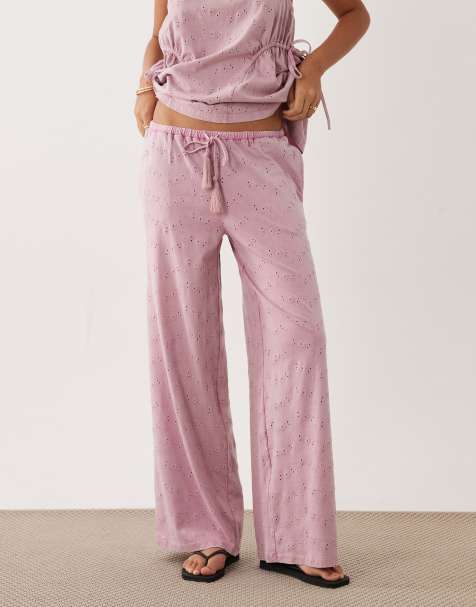 ASOS DESIGN - Coordinato a fondo ampio lilla in jersey ricamato con coulisse e nappe - view 1