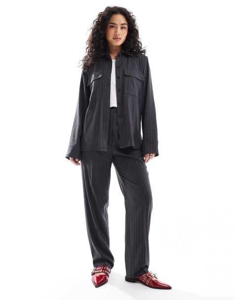 ASOS DESIGN - Coordinato antracite a righe con camicia sartoriale spazzolata e pantaloni con linguetta - view 1