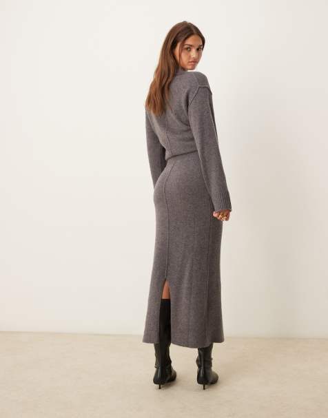 ASOS DESIGN - Coordinato antracite con maglione girocollo oversize con cuciture sul retro e gonna midi in misto lana d'agnello - view 1