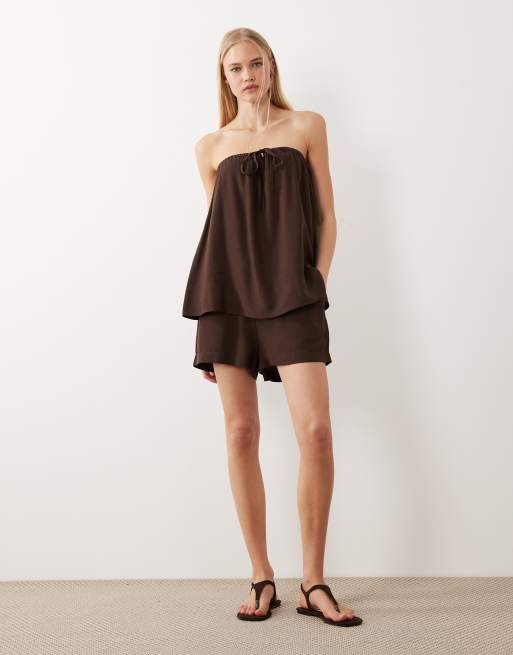 ASOS DESIGN - Coordinato arricciato in misto lino color cioccolato