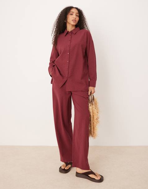 ASOS DESIGN - Coordinato bordeaux in seersucker con camicia e pantaloni comodi - view 1