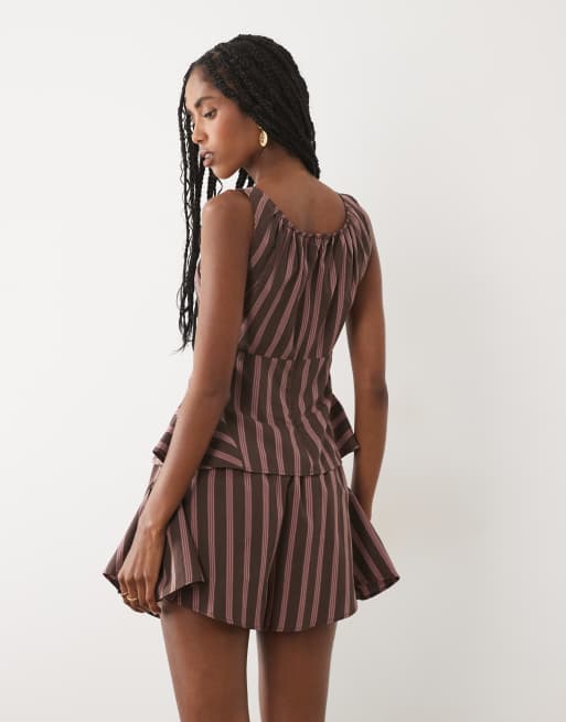 ASOS DESIGN - Coordinato color cioccolato a righe con spalline sottili e vita godet, 4 di 4