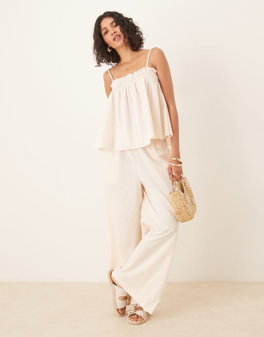 ASOS DESIGN - Coordinato color panna con canottiera arricciata e pantaloni con vita arricciata